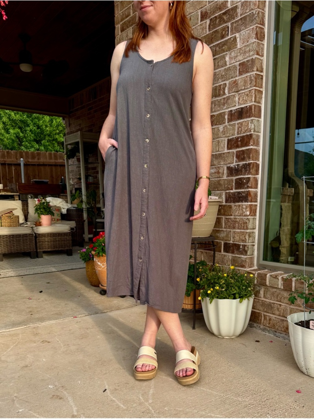 Neuflora Slow Fashion Dress Gray Linen Bamboo Midi Button Front Pockets